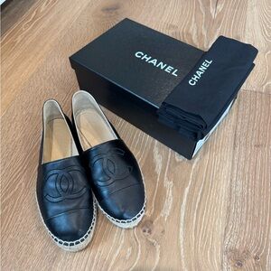CHANEL Black Leather Espadrilles